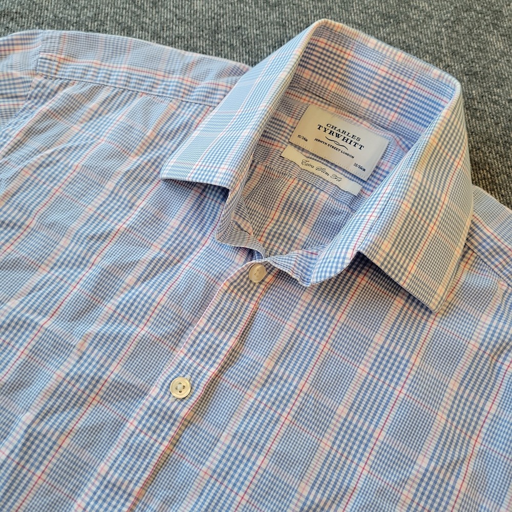 Charles Tyrwhitt Dress Shirt Men's 15 34 Blue Plaid Extra Slim Fit French Cuff